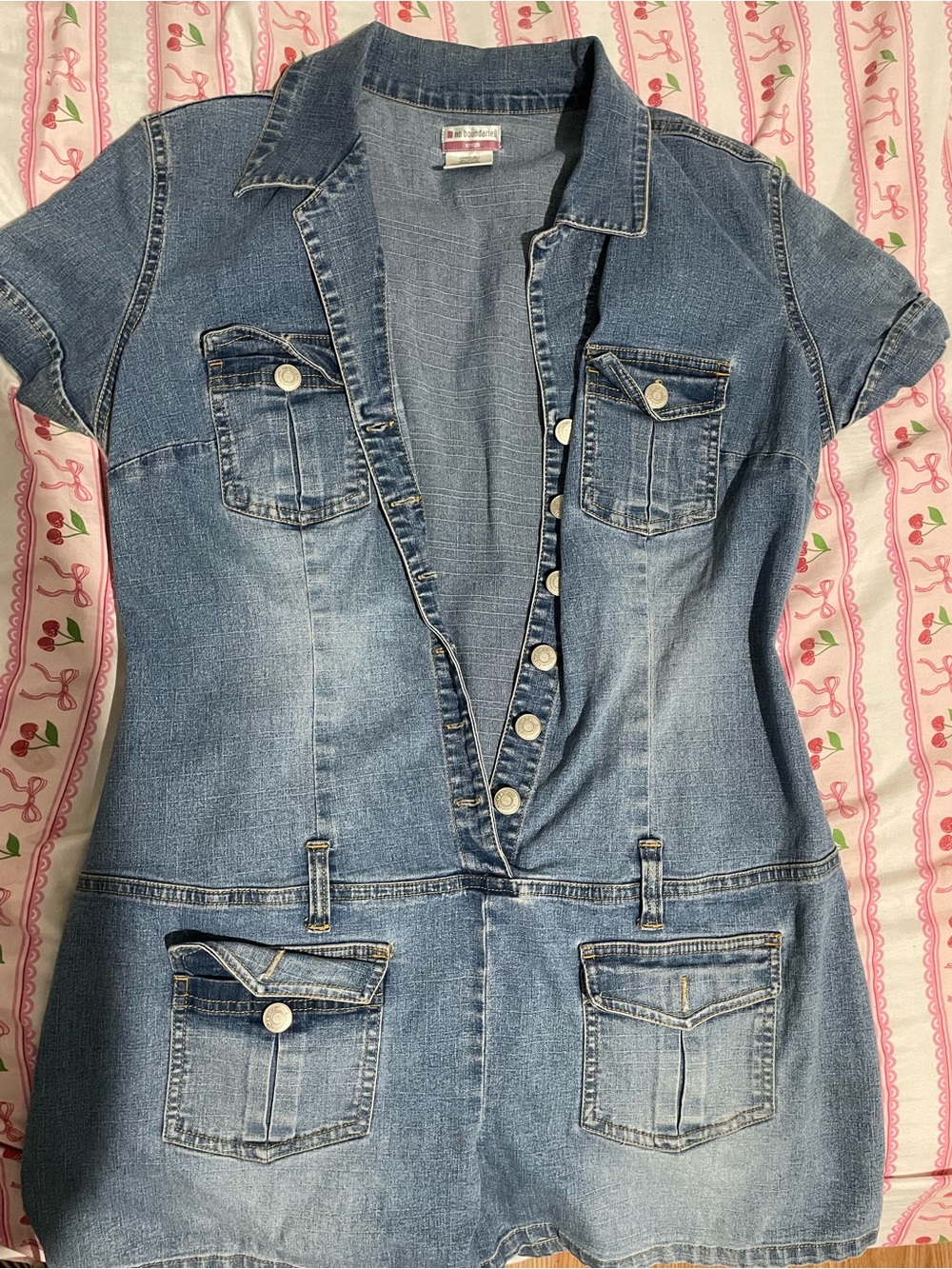 No Boundaries Light Blue Denim Short-Sleeve Jumpsuit Youth XL - Women’s M/L